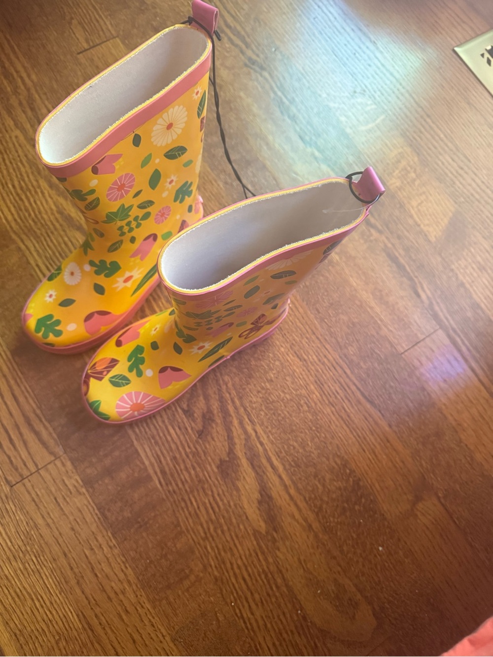Kid made modern Waterproof Yellow Floral Rain Boots with Pink Trim large